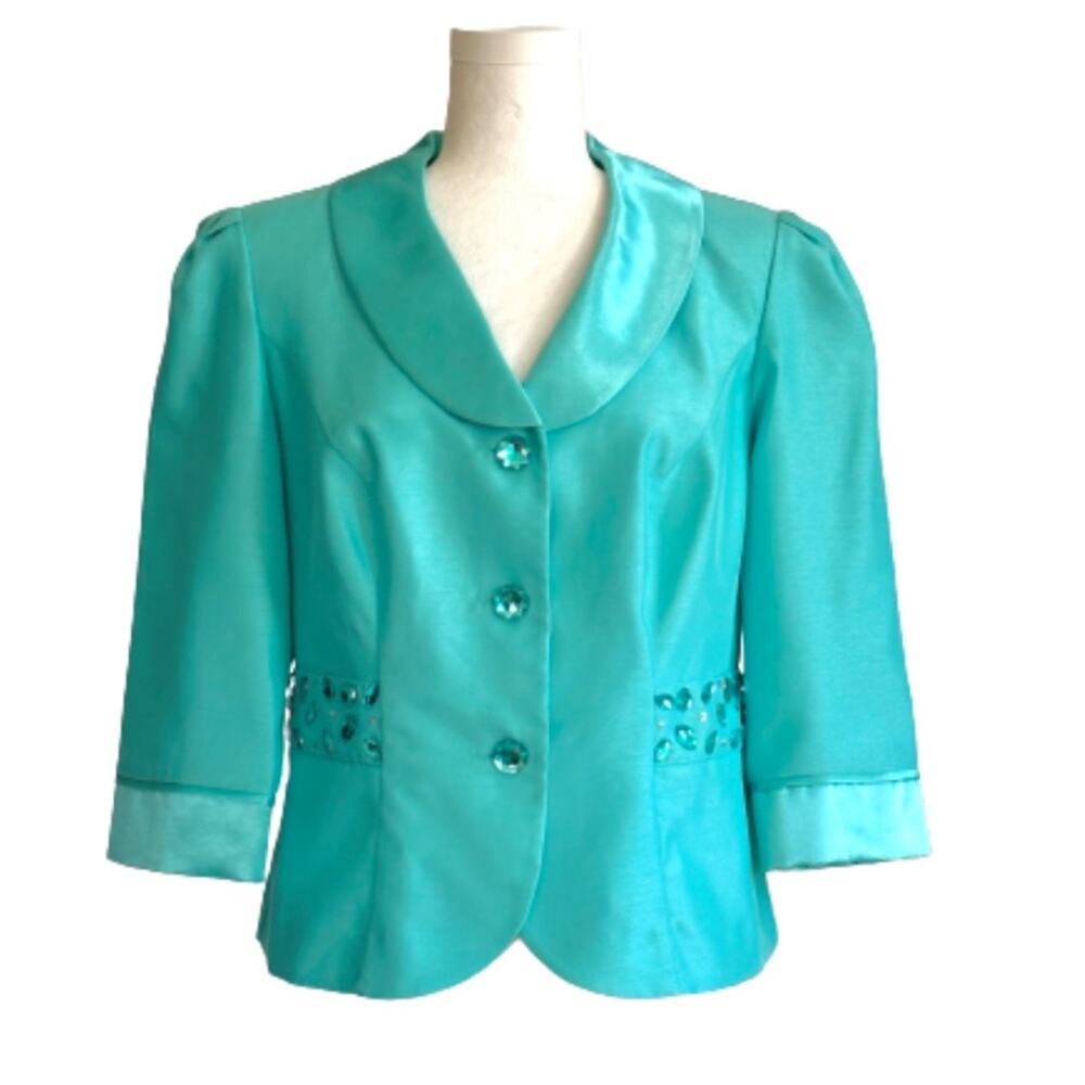 Dana Kay Blazer Jacket Dressy Formal Teal Blue Embellished 3/4 Sleeve Size 10